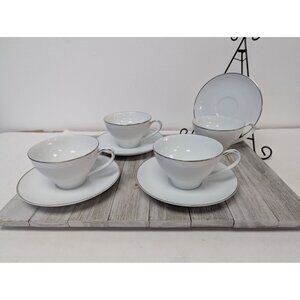 Set of 4 Noritake Fremont 6127 Tea Cups Saucers Platinum Trim